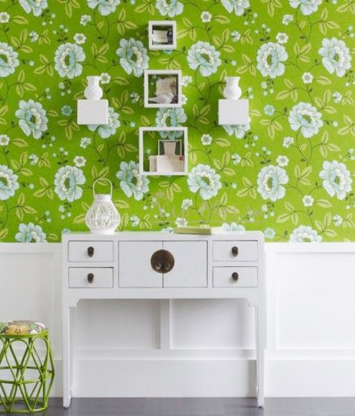 salad green wallpaper with floral print