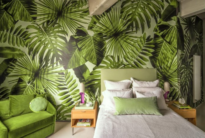 photo wallpaper with leaves in the bedroom