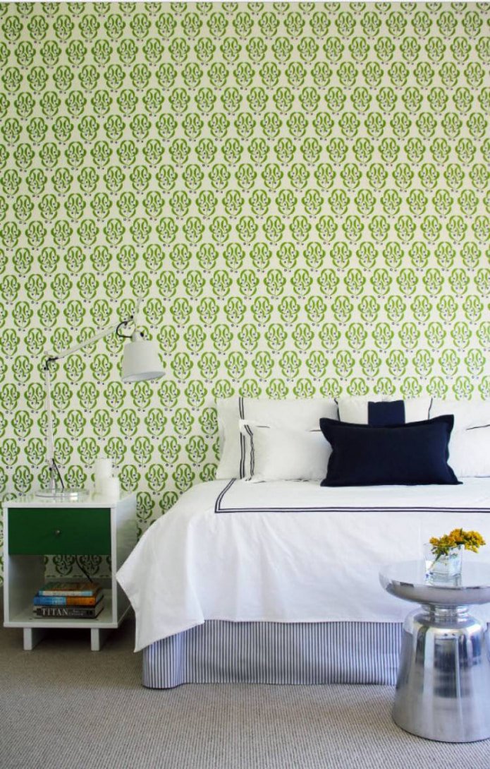 light green wallpaper in the bedroom interior