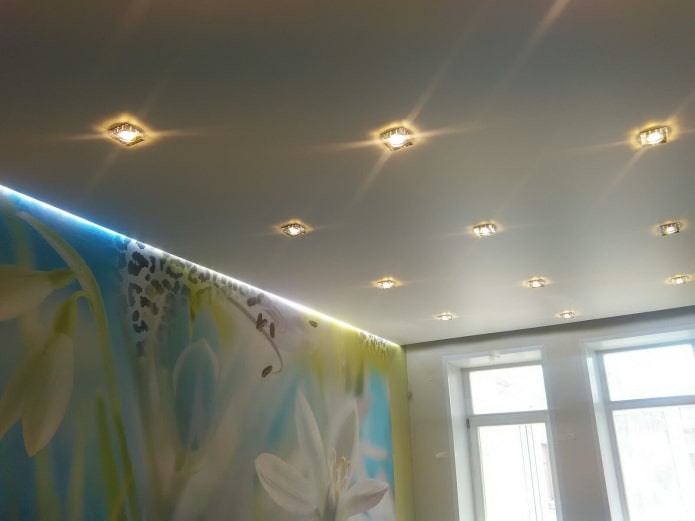 satin stretch ceiling with spotlights