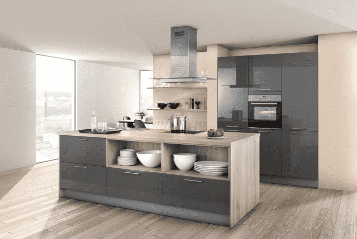 kitchen interior in gray and beige tones