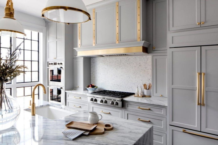 kitchen in gray tones with bright accents