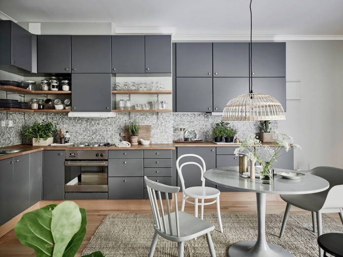 furniture and appliances in the kitchen interior in gray tones