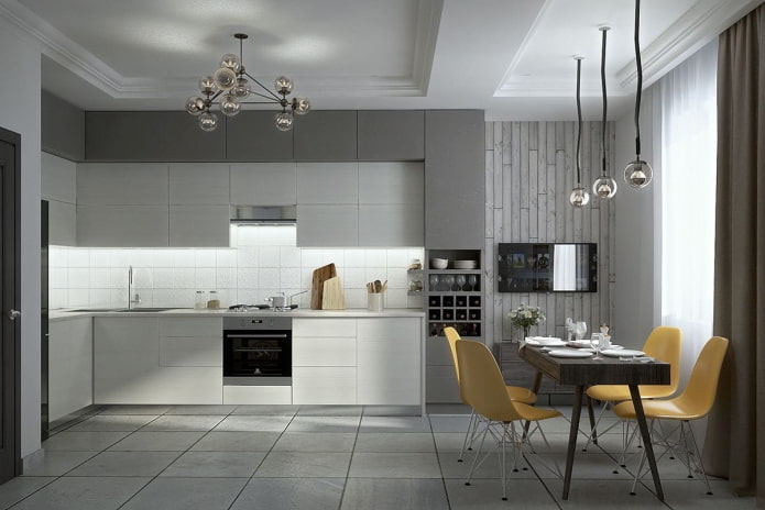 furniture and appliances in the kitchen interior in gray tones