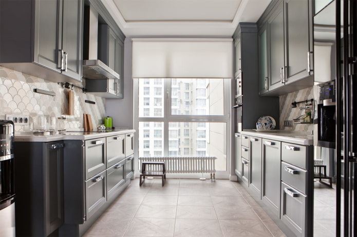 curtains in the kitchen interior in gray tones