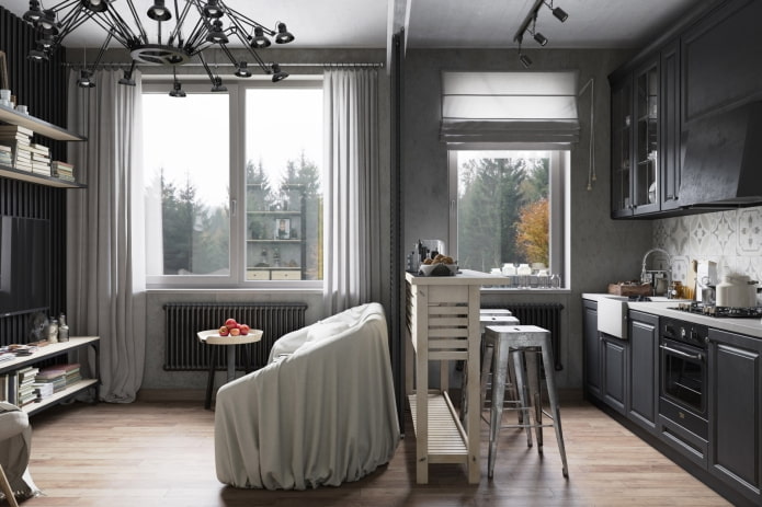 curtains in the kitchen interior in gray tones