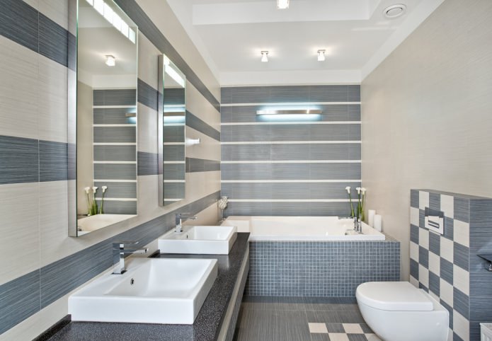 gray bathroom with beige stripes