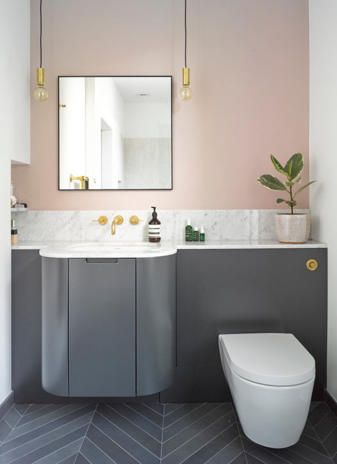 bathroom interior in gray and pink tones