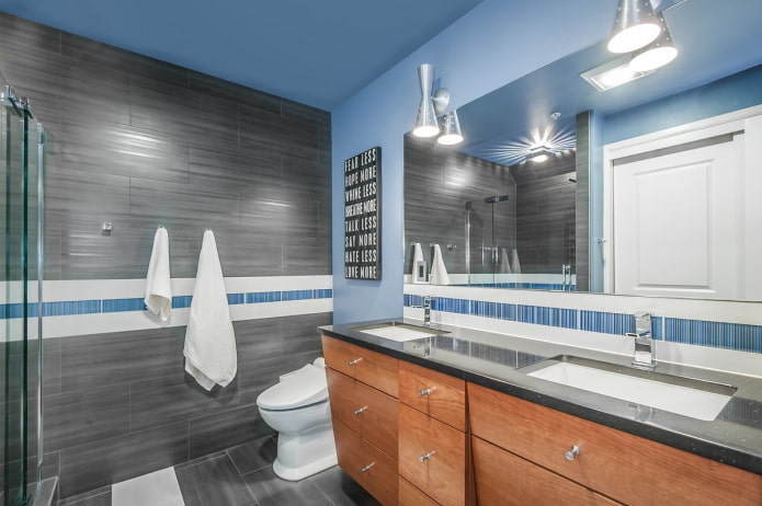 bathroom interior in gray and blue tones