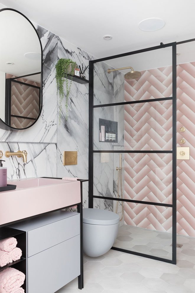Gray and pink bathroom interior