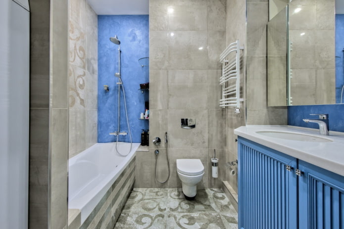 blue trim in a gray bathroom
