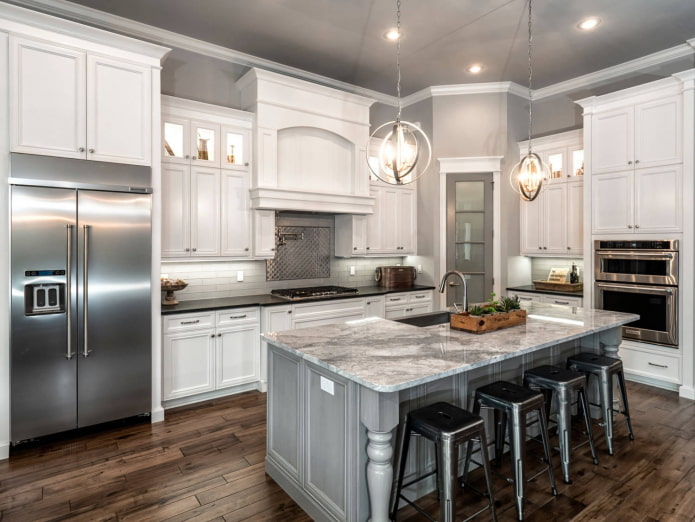 classic white kitchen with gray walls