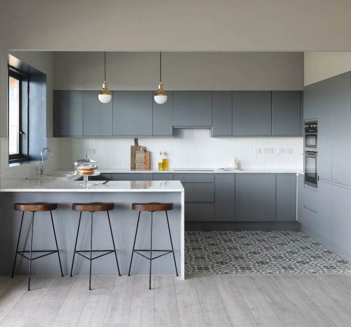 gray glossy furniture set in a white kitchen with a mosaic floor