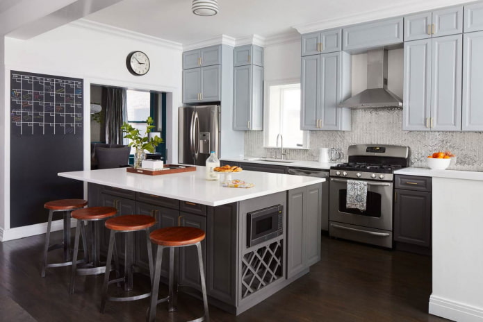 kitchen with several shades of gray in the furniture set and walls