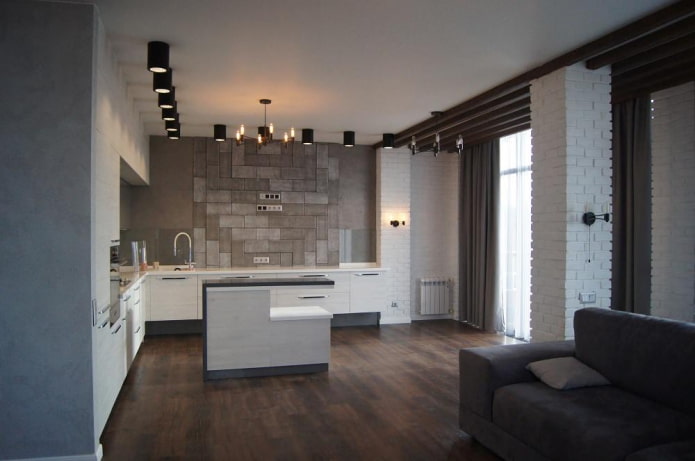 loft-style kitchen with several types of brickwork