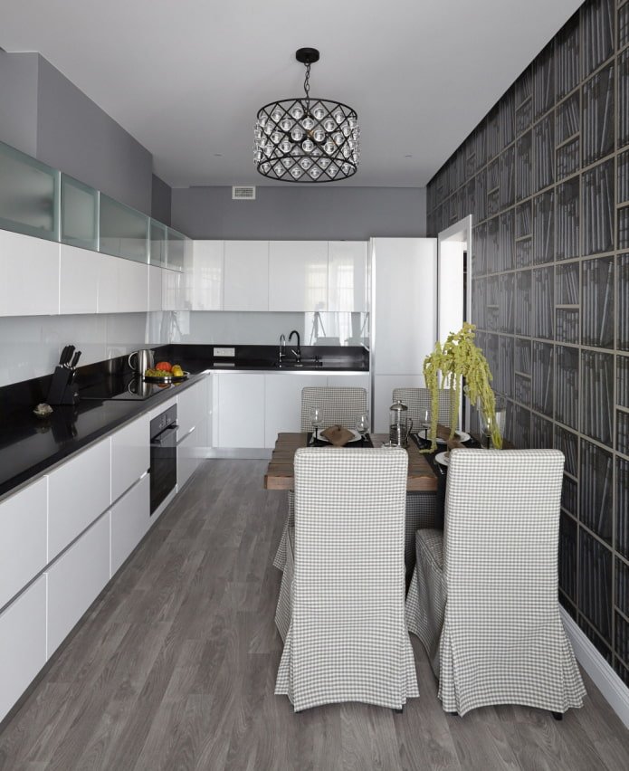 original wall decoration in a gray and white kitchen-dining room