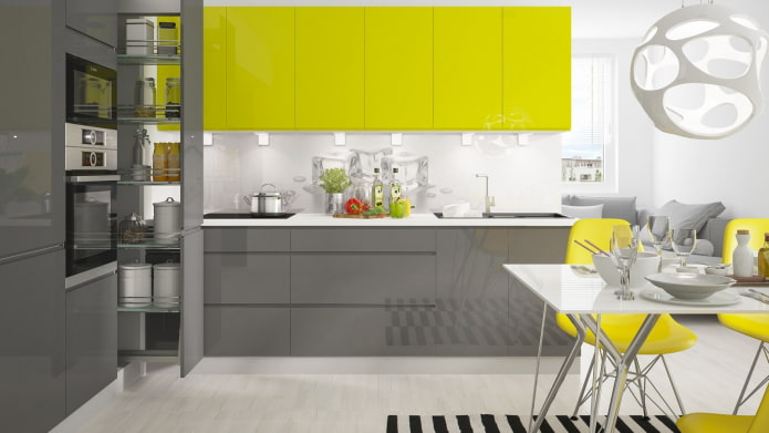 yellow-gray-white kitchen in high-tech style