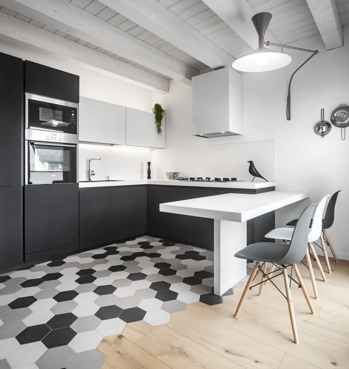 beautiful combination of tiles and wood on the floor of a gray and white kitchen