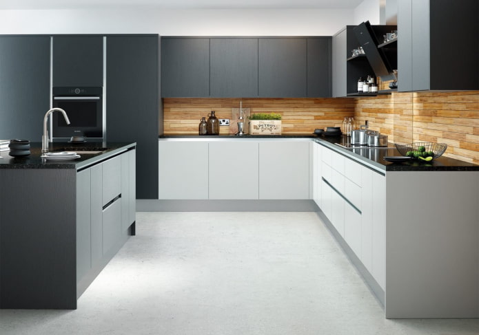 wooden wall decoration in a gray and white kitchen