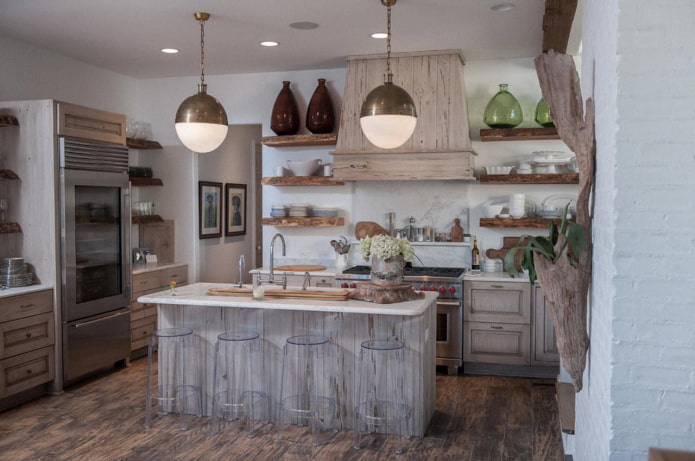 Provence style kitchen in gray and white tones with elements of natural wood