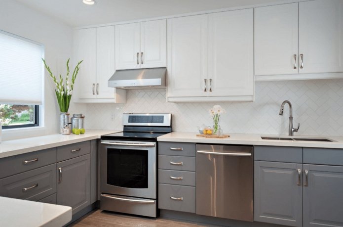 white and gray kitchen set