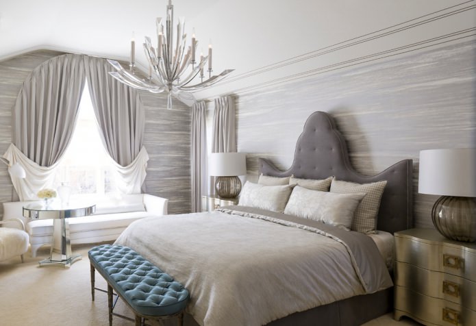 gray curtains on an arched window