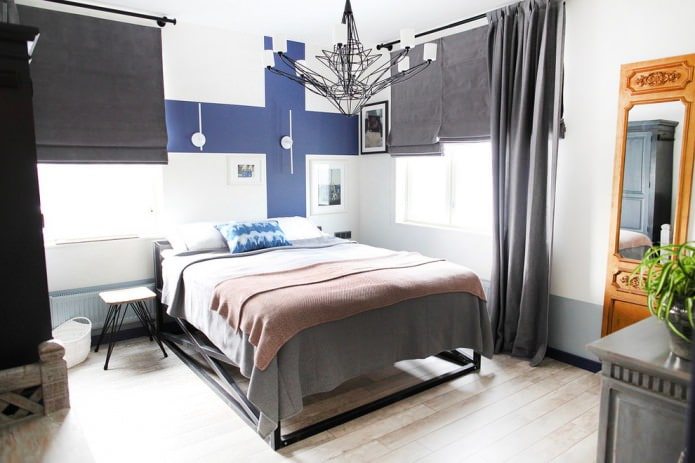 combination of straight and roman gray linen curtains