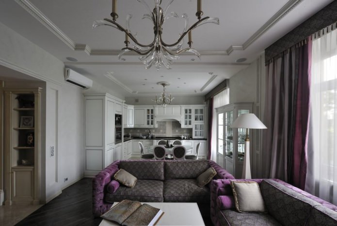 Gray and purple curtains