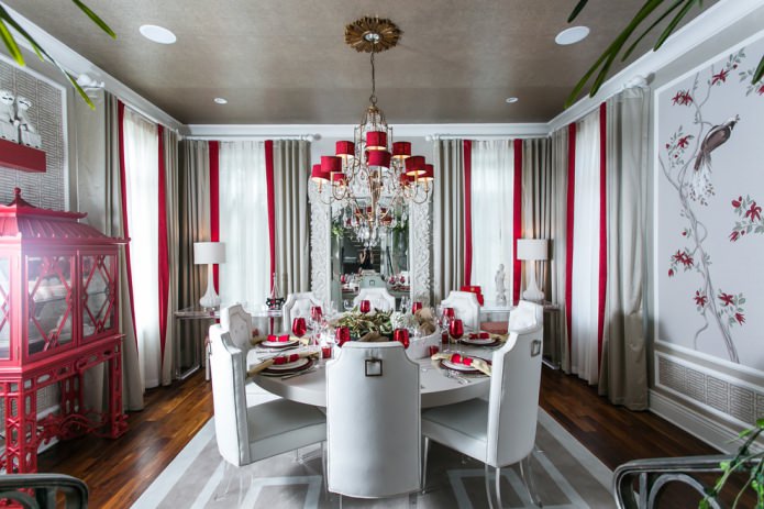 Gray and red curtains