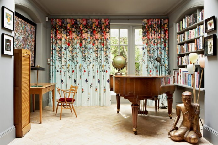bright curtains and gray walls