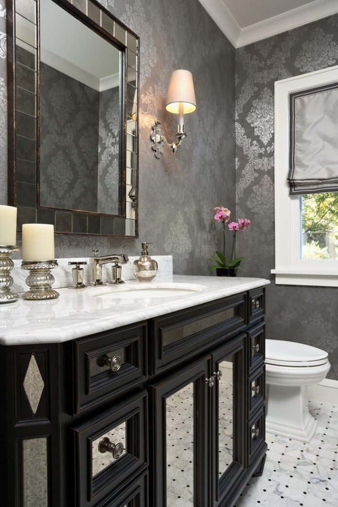 dark gray wallpaper in bathroom