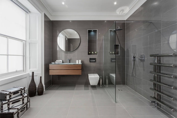 modern bathroom interior with rectangular gray tiles