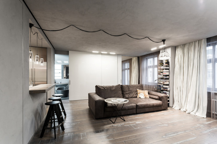 leather sofa in the interior in the loft style