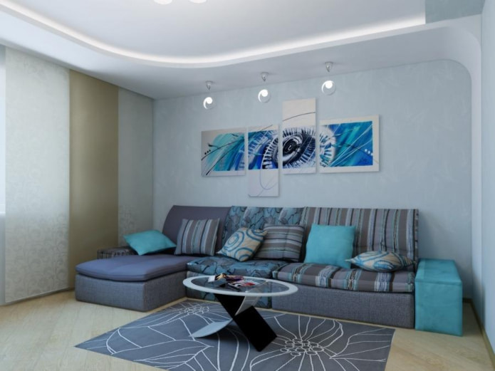 sofa with blue textile and armrests