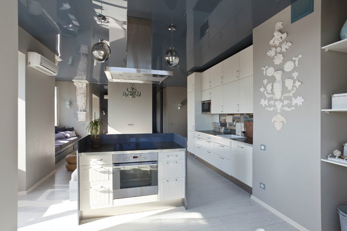 gray glossy stretch ceiling in the kitchen