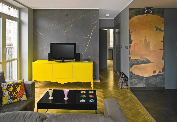 yellow cabinet in a gray living room