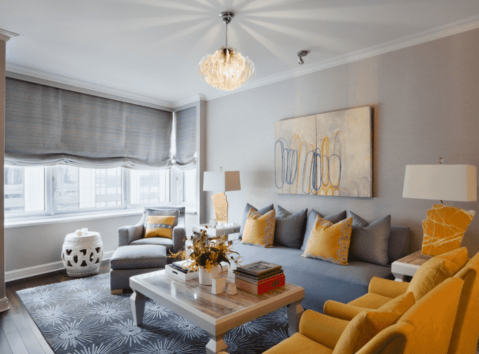yellow pillows on a gray sofa