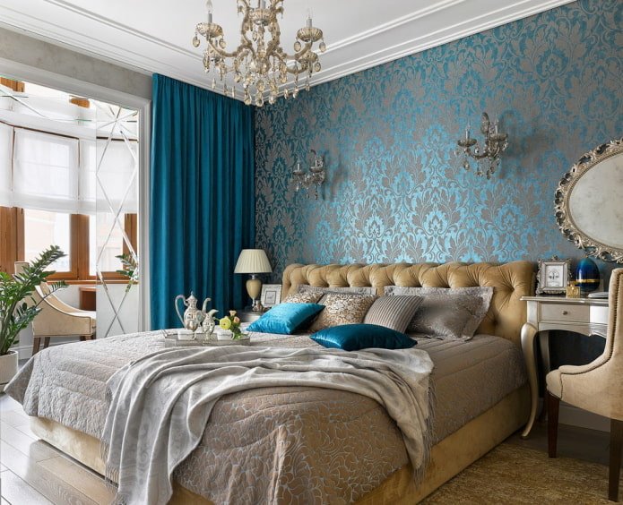 silk wallpaper in the bedroom interior