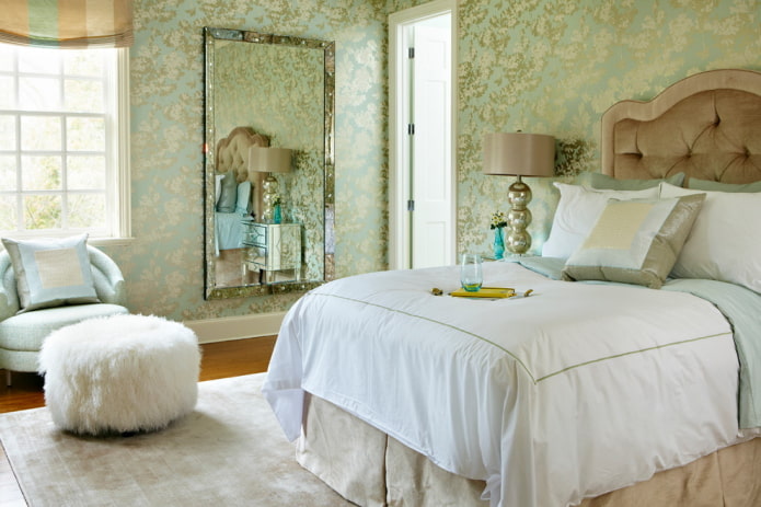green silk wallpaper in the bedroom interior