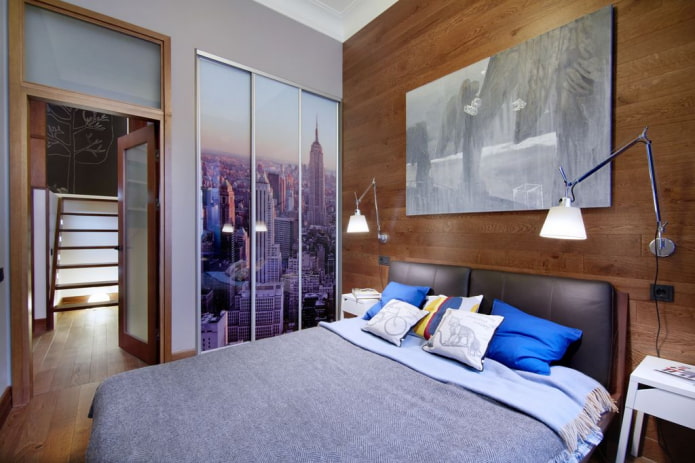 wardrobe with a facade with photo printing in the bedroom interior