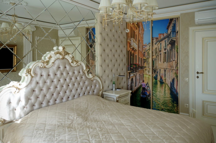 wardrobe with a facade with photo printing in the bedroom interior