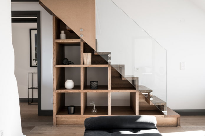 built-in open wardrobe under the staircase