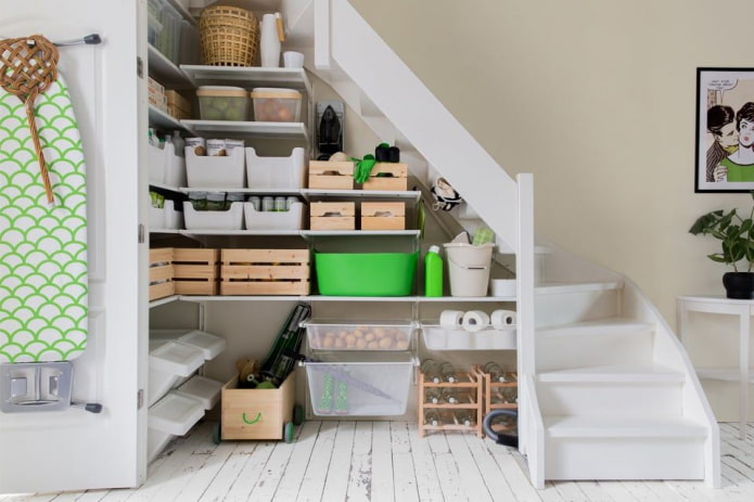 shelves under the stairs in the interior