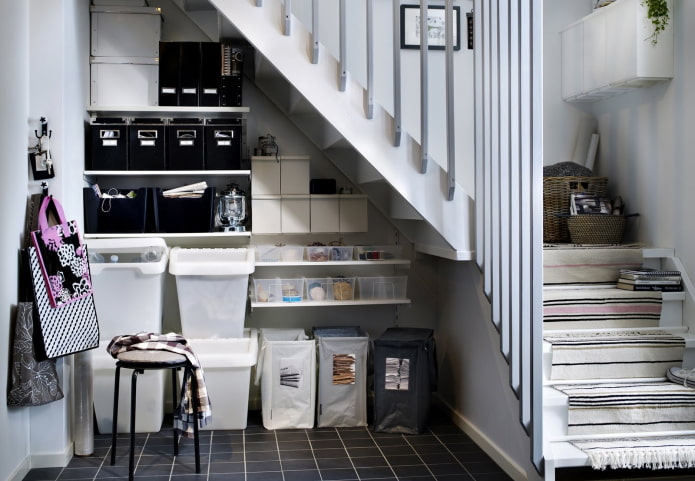 shelves under the stairs in the interior