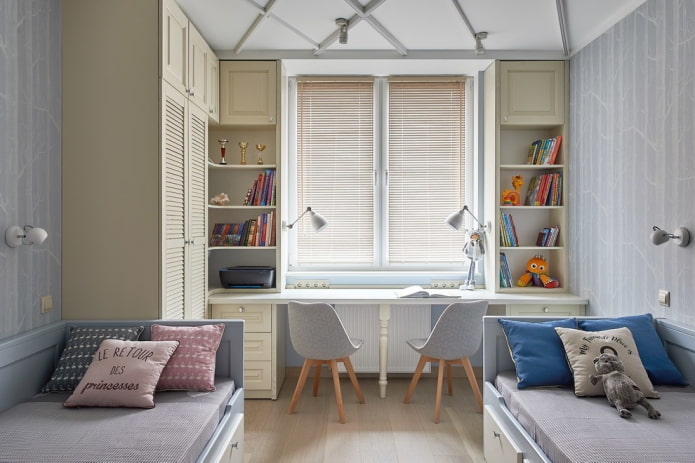 wardrobe near the window in the children's room interior