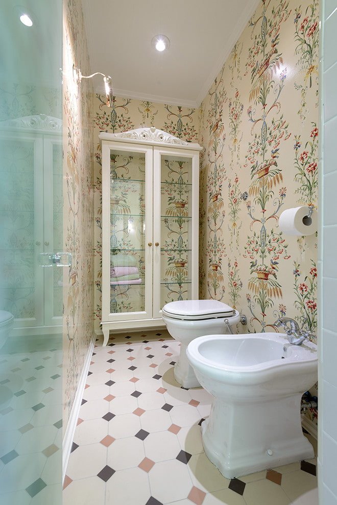cabinet with pictures in the toilet interior