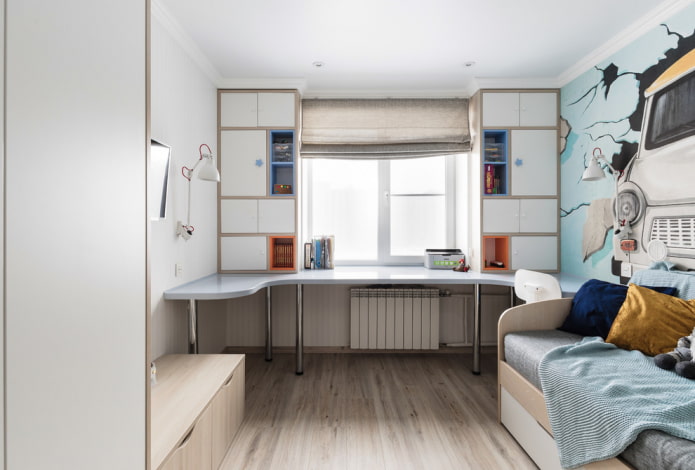 wardrobe with table around window in interior