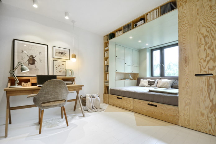 wardrobe with a bed around a window in the interior