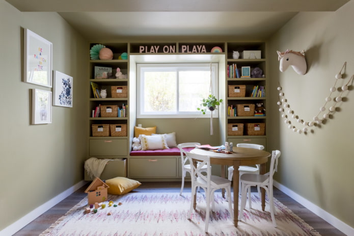 cabinets around the window in the interior of the nursery