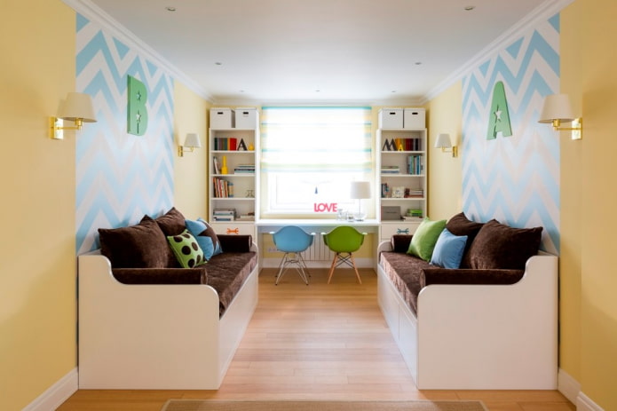 cabinets around the window in the interior of the nursery